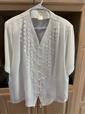 Cream Lace-Trim V-Neck Blouse by Christie & Jill 20W